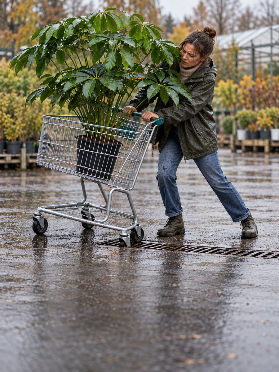 Een vrouw trekt een winkelkar met een grote Philodendron uit een putrooster