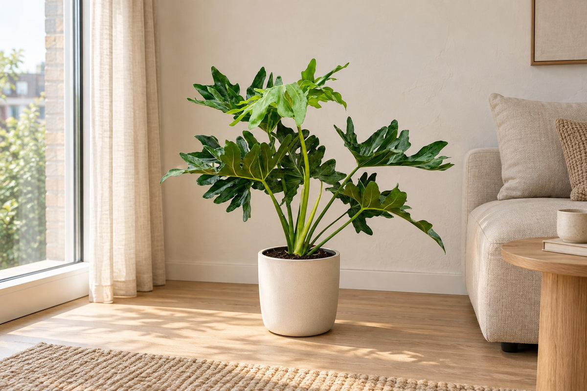 Philodendron Selloum van 60 cm in een witte keramische pot in een lichte woonkamer