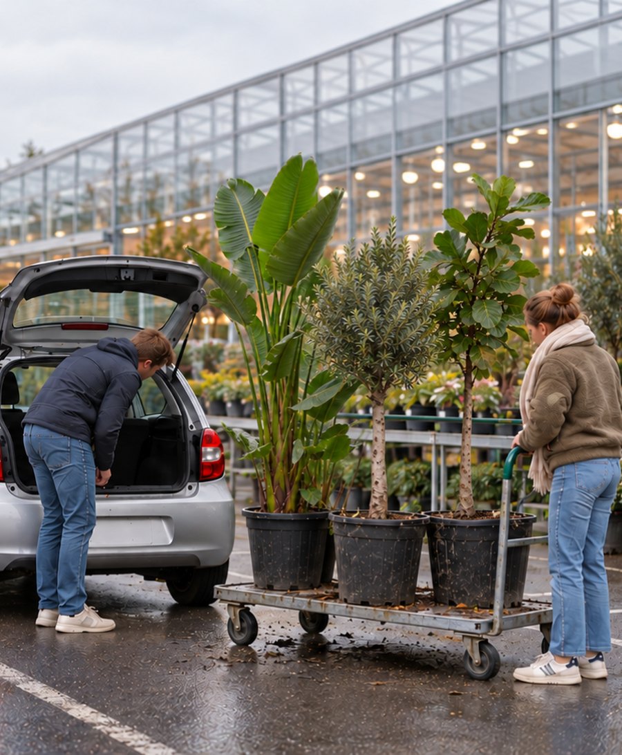 Een stel rijdt een plantenkar met grote planten naar een kleine auto