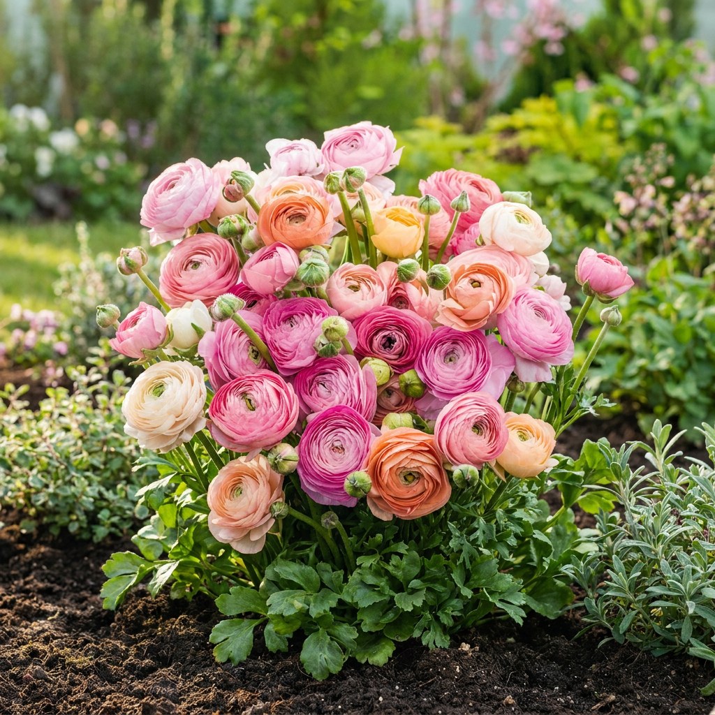 Ranunkelløg Pastel mix i blomst i haven