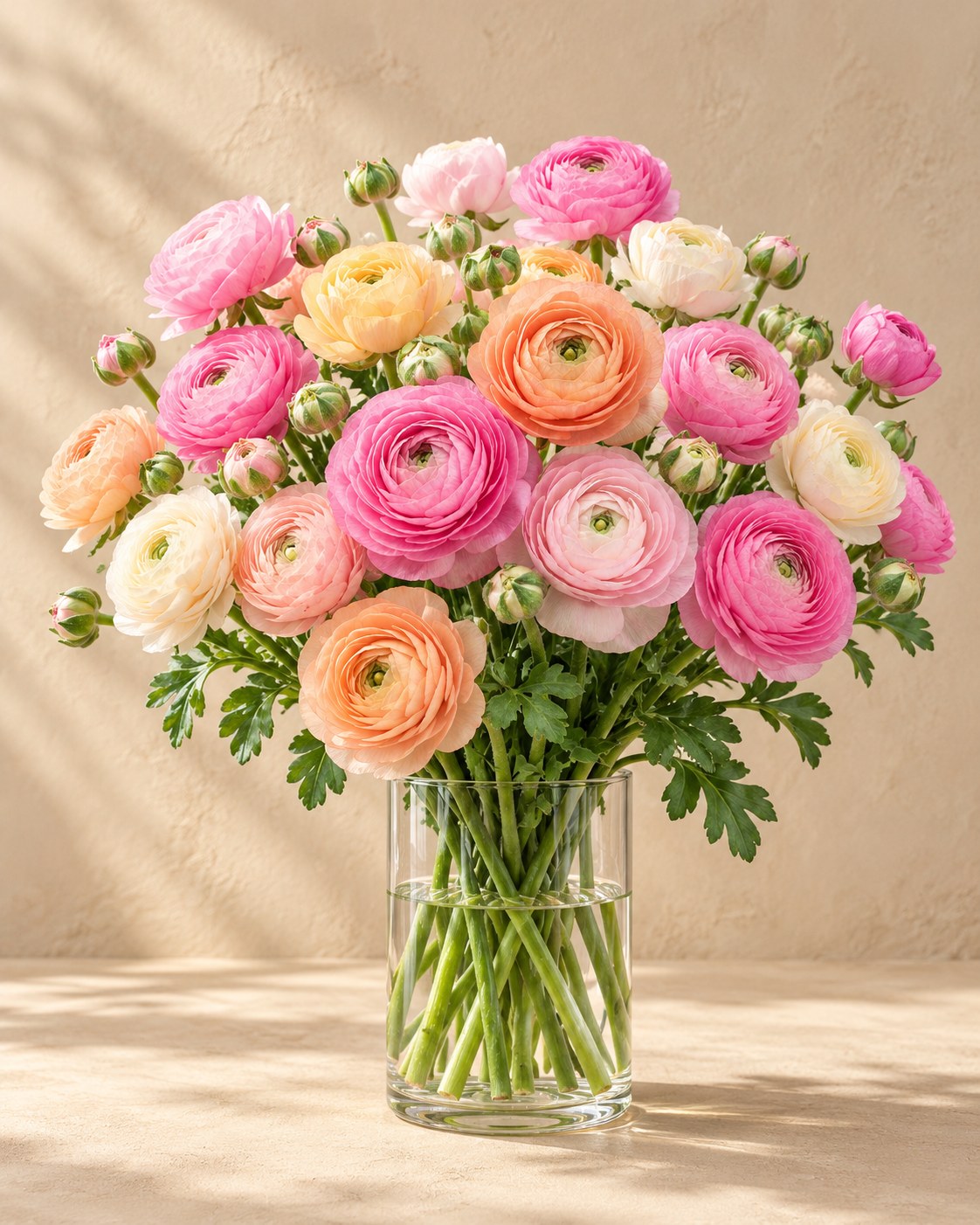 Ranunculus bulbs Pastel mix in flower in a vase