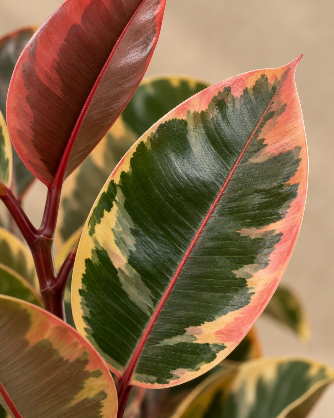 Close-up van het blad van de Rubberboom Belize op stam (Ficus elastica 'Belize')