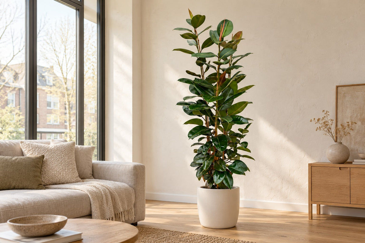 Rubber plant, 190 cm, in a white ceramic planter in a bright living room