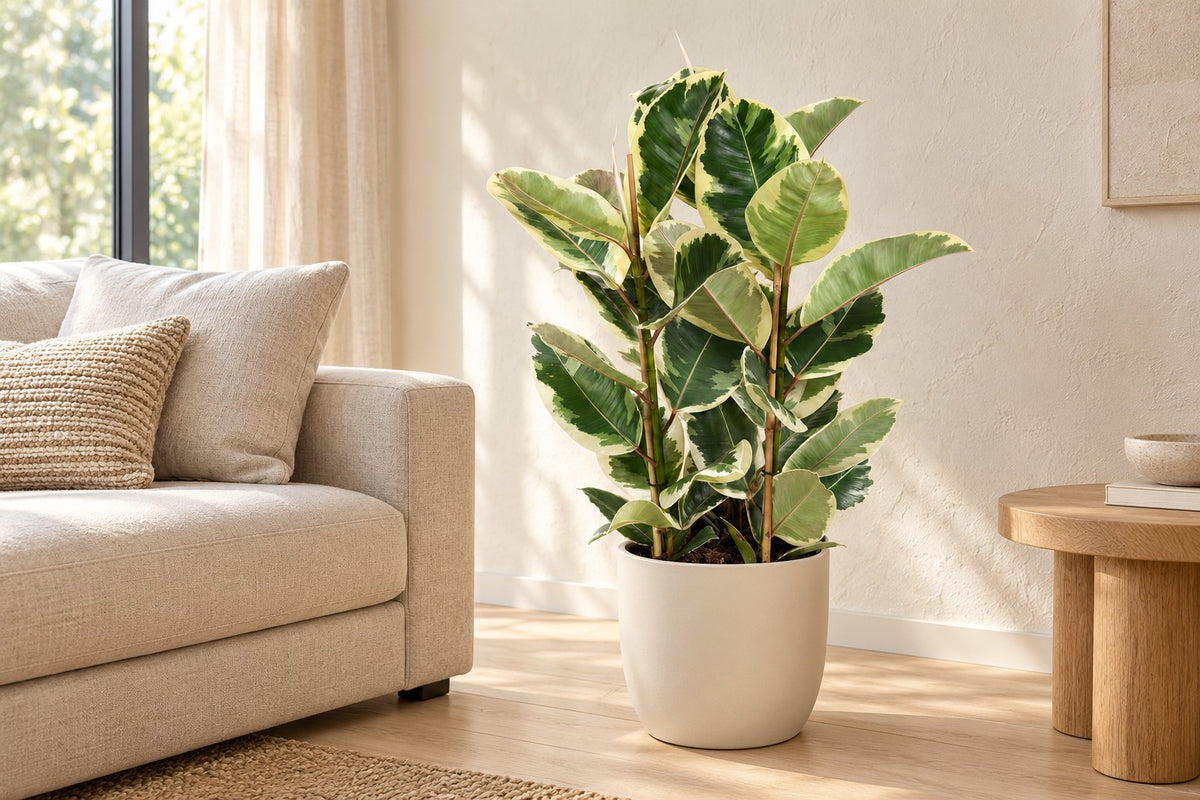 Rubberboom van 100 cm in een witte keramische pot in een lichte woonkamer