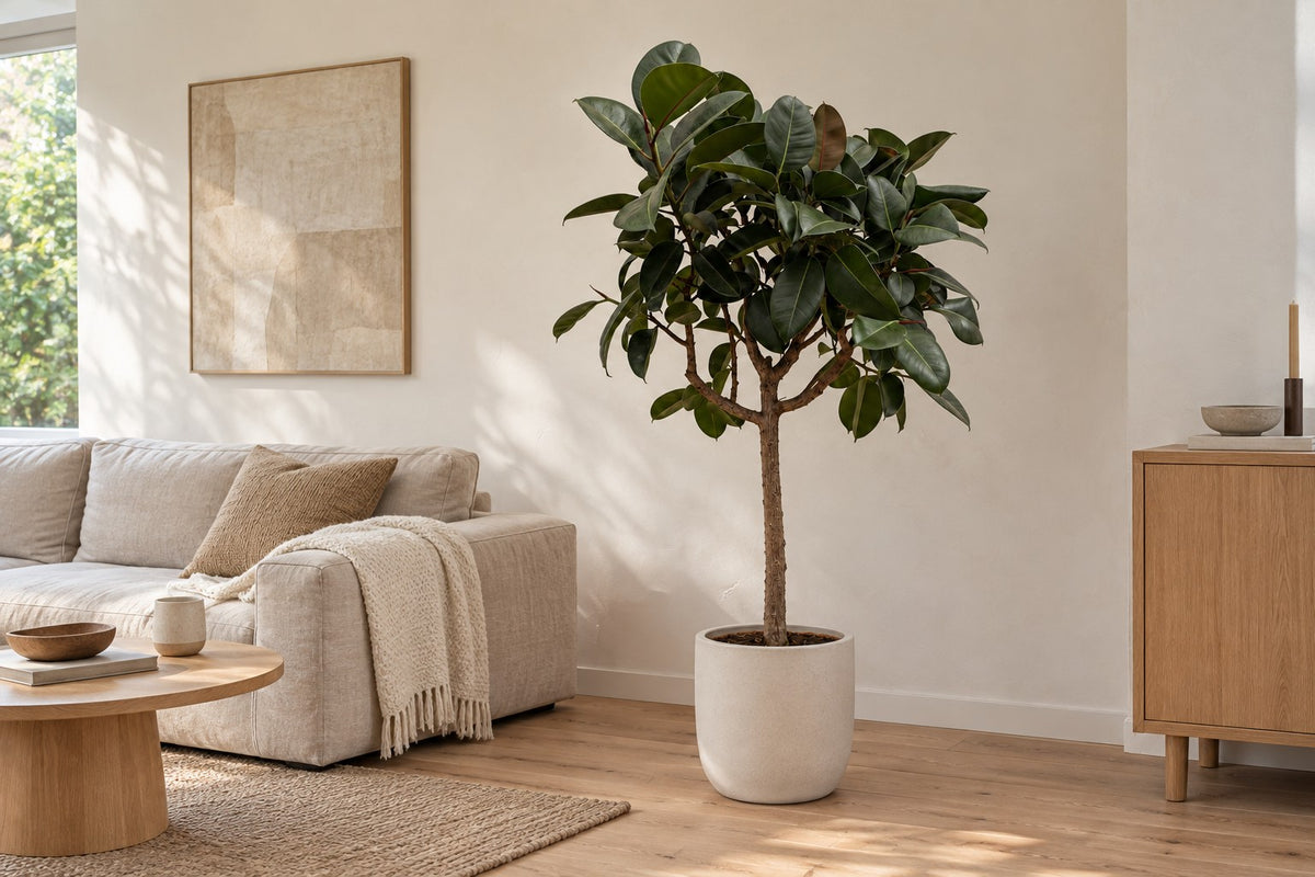 Rubberboom op stam van 200 cm in een witte keramische pot in een lichte woonkamer