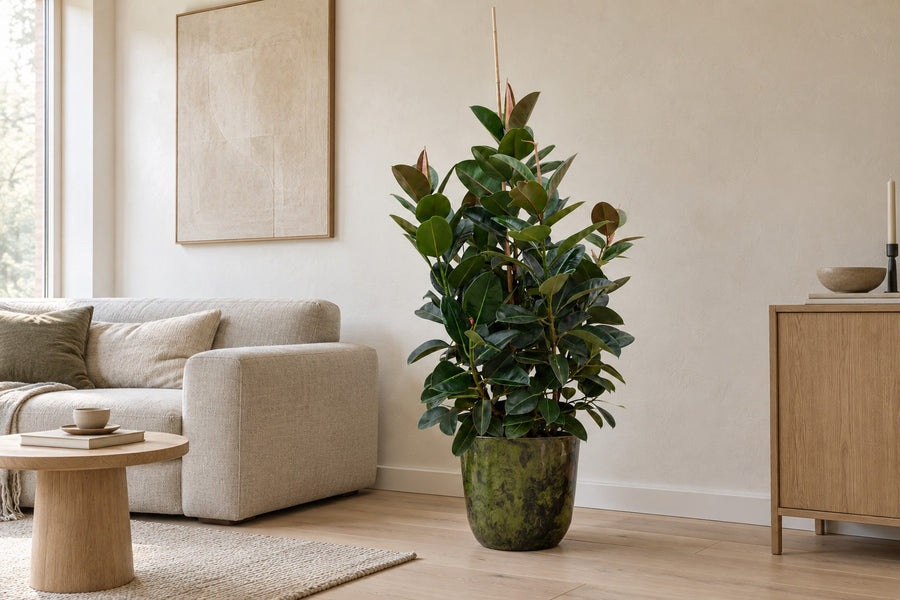Rubberboom vertakt (Ficus elastica Robusta) 150 cm hoog, pot ø38 cm