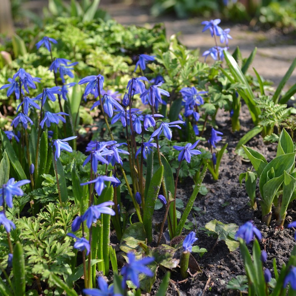 Bulbos de escila Siberica en flor en el jardín