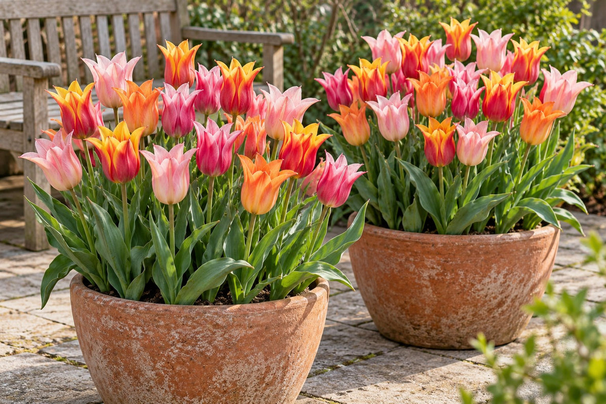 Tulpen Ballade mix in bloei in potten op een terras