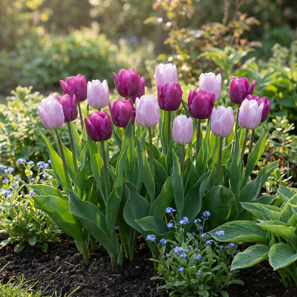 Tulpen Candy Purple Prince mix in bloei in de tuin