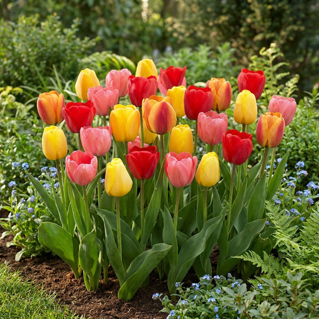 Tulpen Darwin Hybride mix in bloei in de tuin