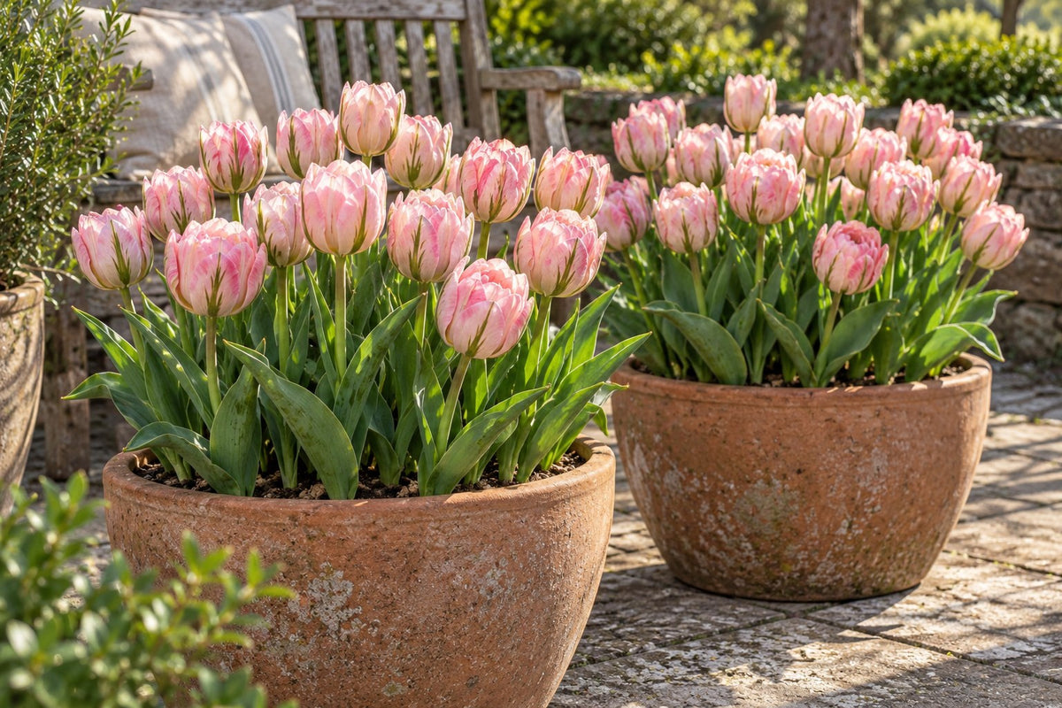 Tulpanlökar Double Pink i blom i krukor på en terrass