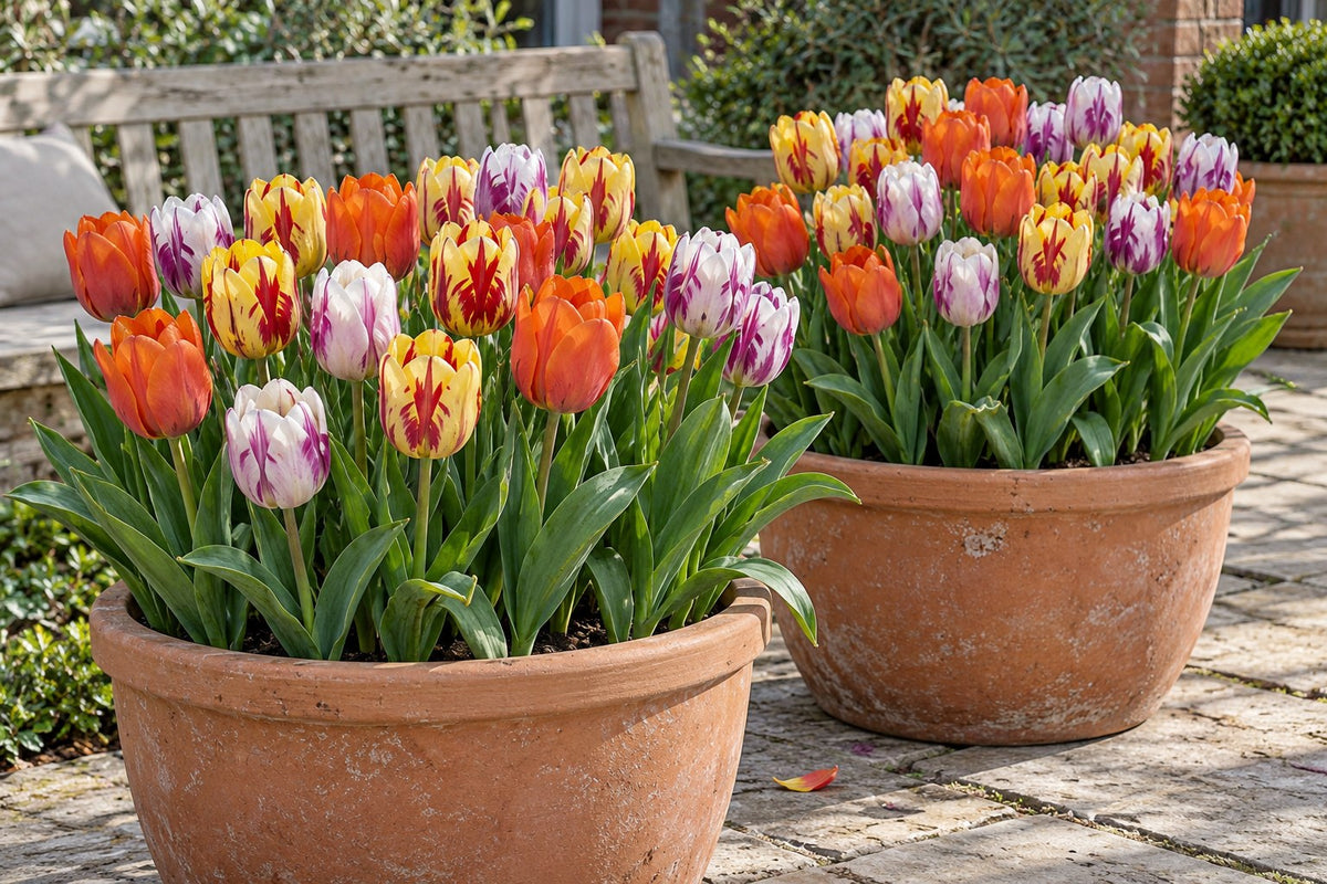 Tulpen Flaming Beauty mix in bloei in potten op een terras