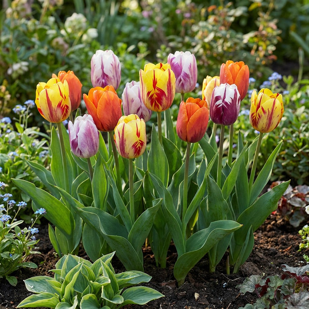 Tulpen Flaming Beauty mix in bloei in de tuin