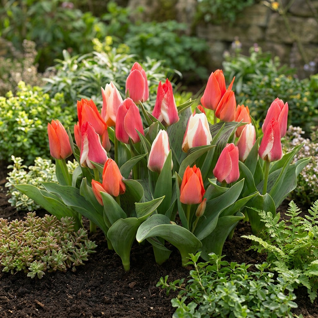 Bulbos de tulipán Greigii mix en flor en el jardín