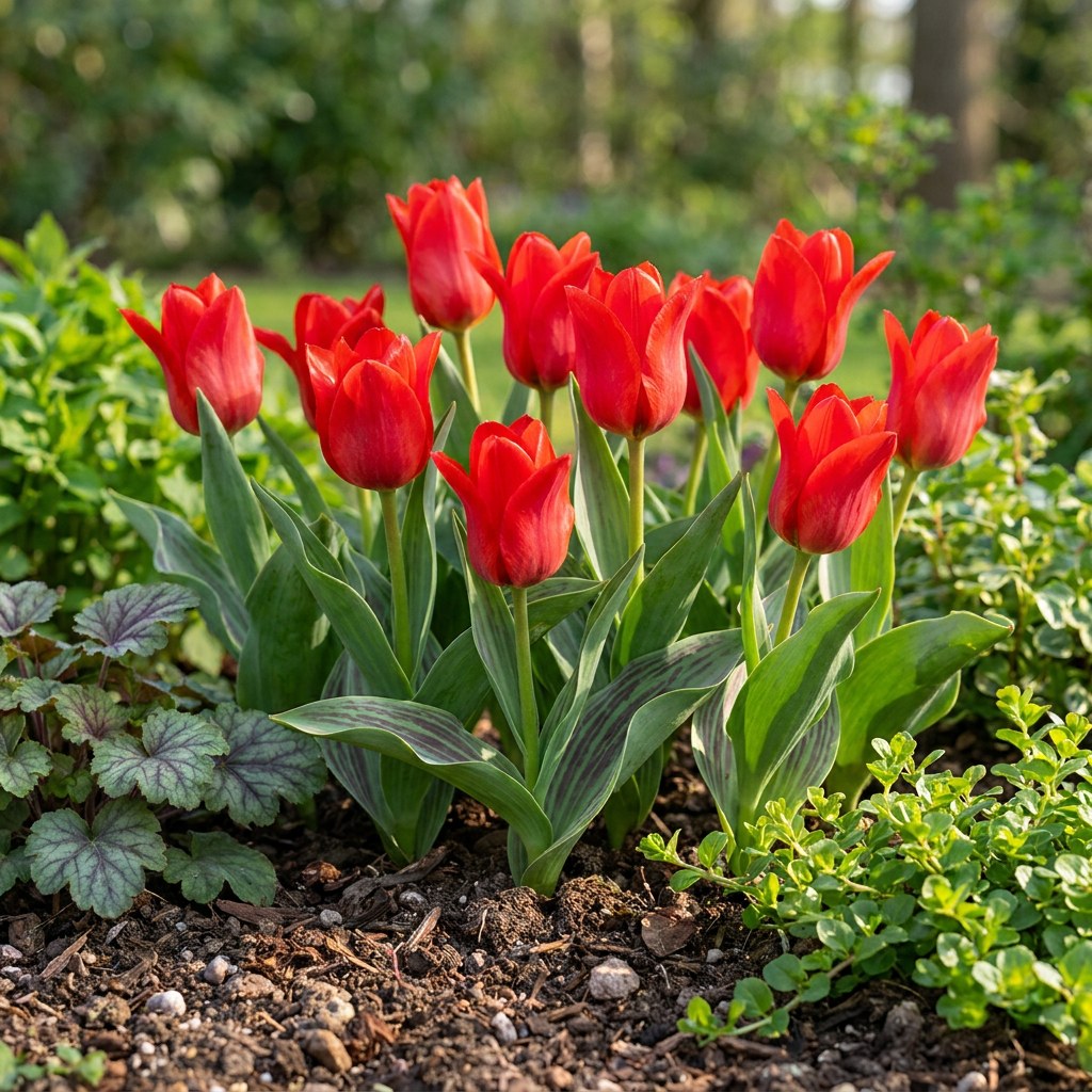 Bulbos de tulipán Greigii Red en flor en el jardín