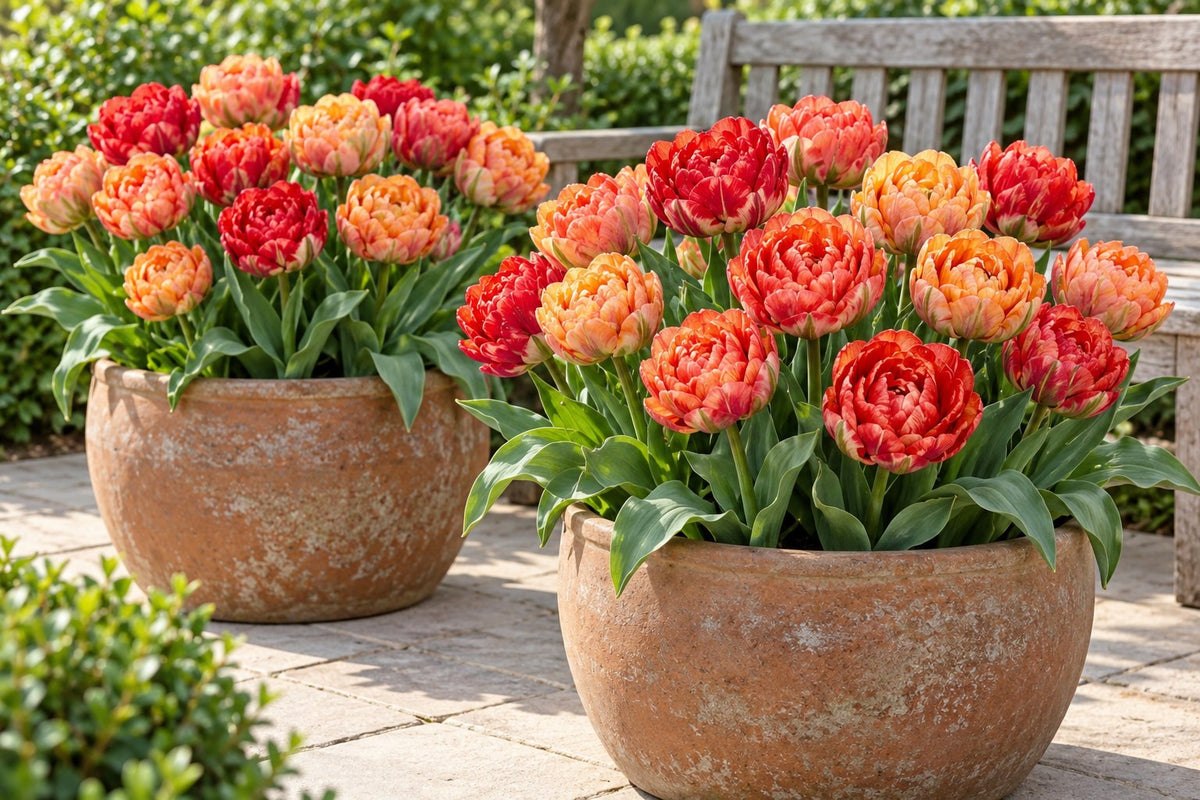 Tulpen Gudoshnik Double in bloei in potten op een terras