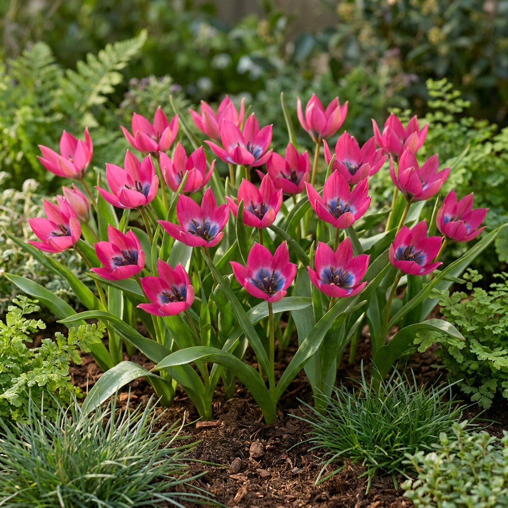 Cebulki tulipanów Little Beauty w rozkwicie w ogrodzie