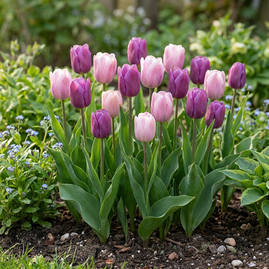 Bulbos de tulipán mezcla Macron en flor en el jardín
