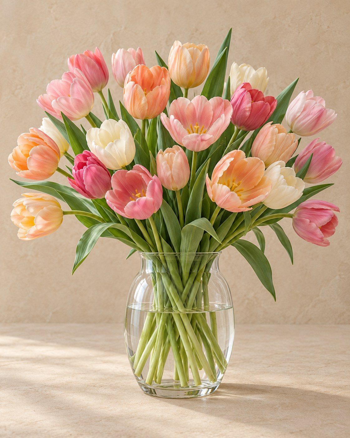 Bulbos de tulipán mezcla Macron en flor en un jarrón
