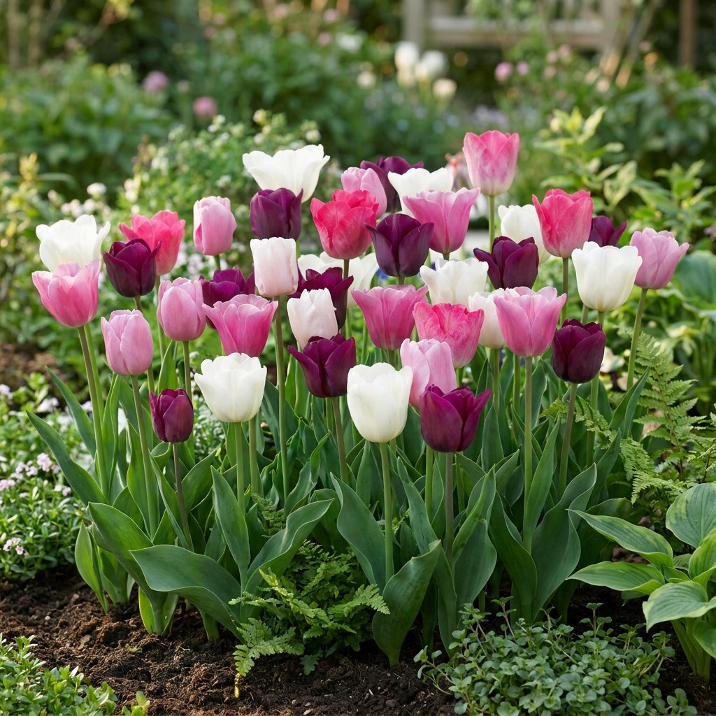 Tulipanløg Pastel mix i blomst i haven