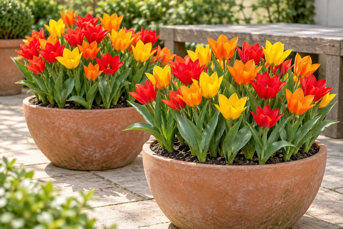 Bulbos de tulipán Praestans mix en flor en macetas en una terraza