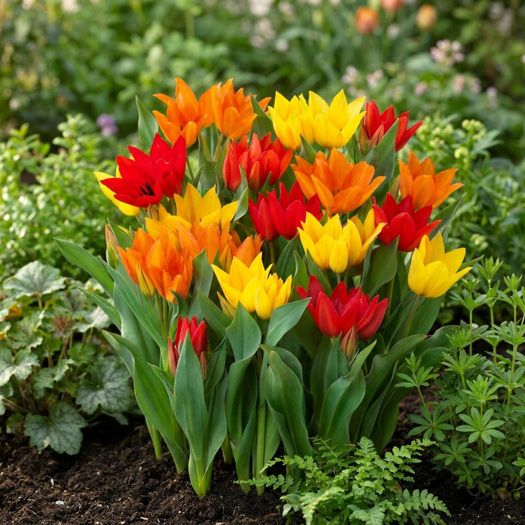 Bulbos de tulipán Praestans mix en flor en el jardín