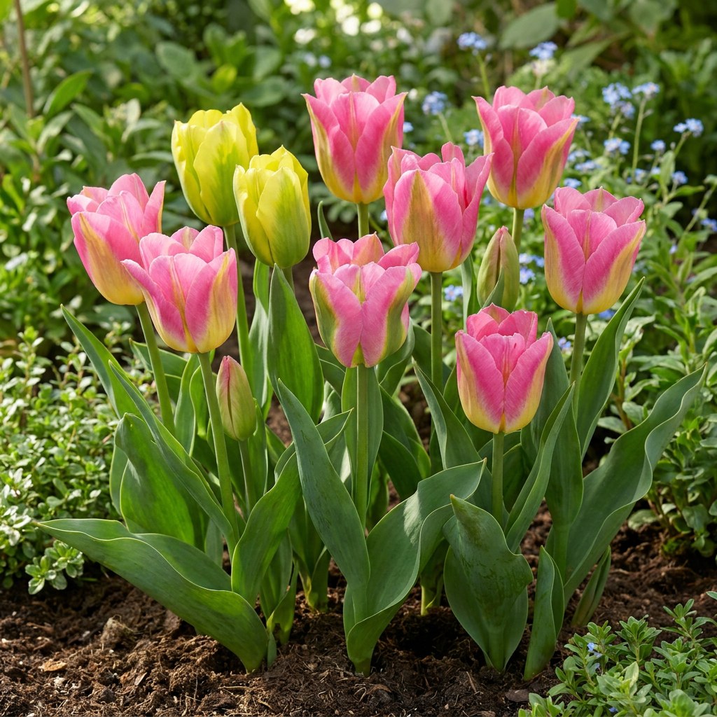 Tulpen Strawberry Lemonade in bloei in de tuin