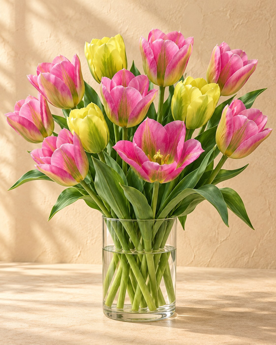 Tulpen Strawberry Lemonade in bloei in een vaas