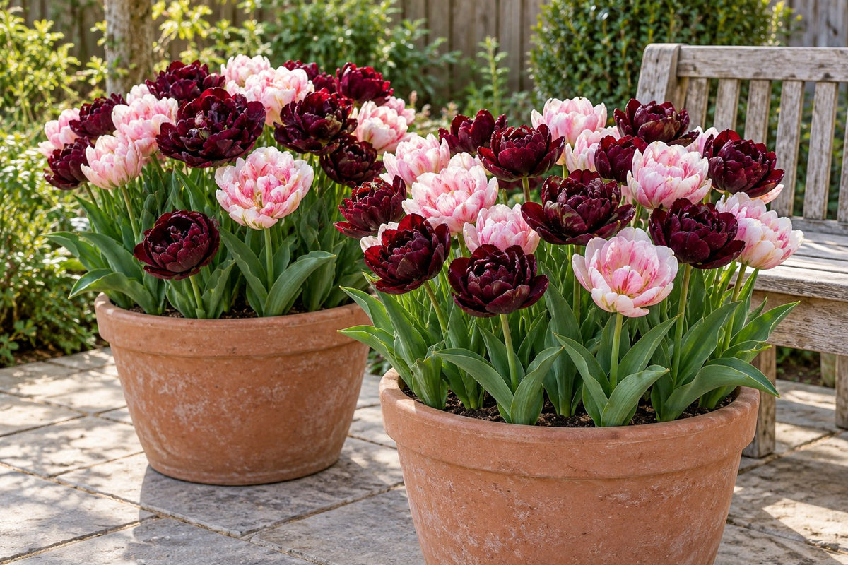 Bulbos de tulipán Sweet Desire mezcla en flor en macetas en una terraza