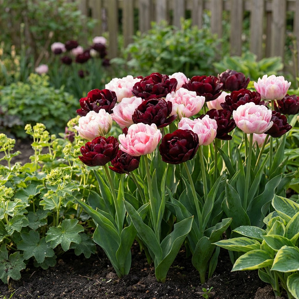 Bulbos de tulipán Sweet Desire mezcla en flor en el jardín