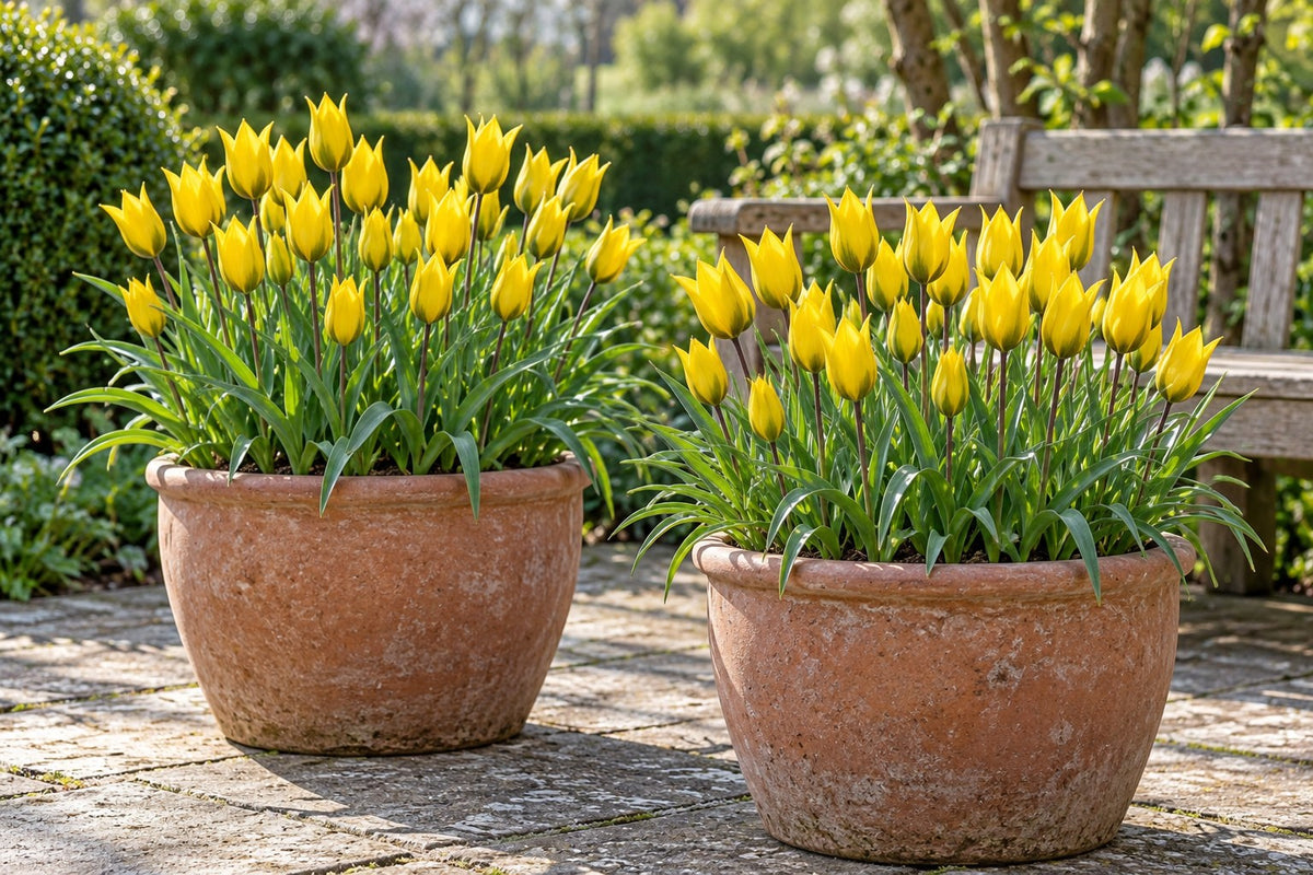 Bulbos de tulipán Sylvestris en flor en macetas en una terraza
