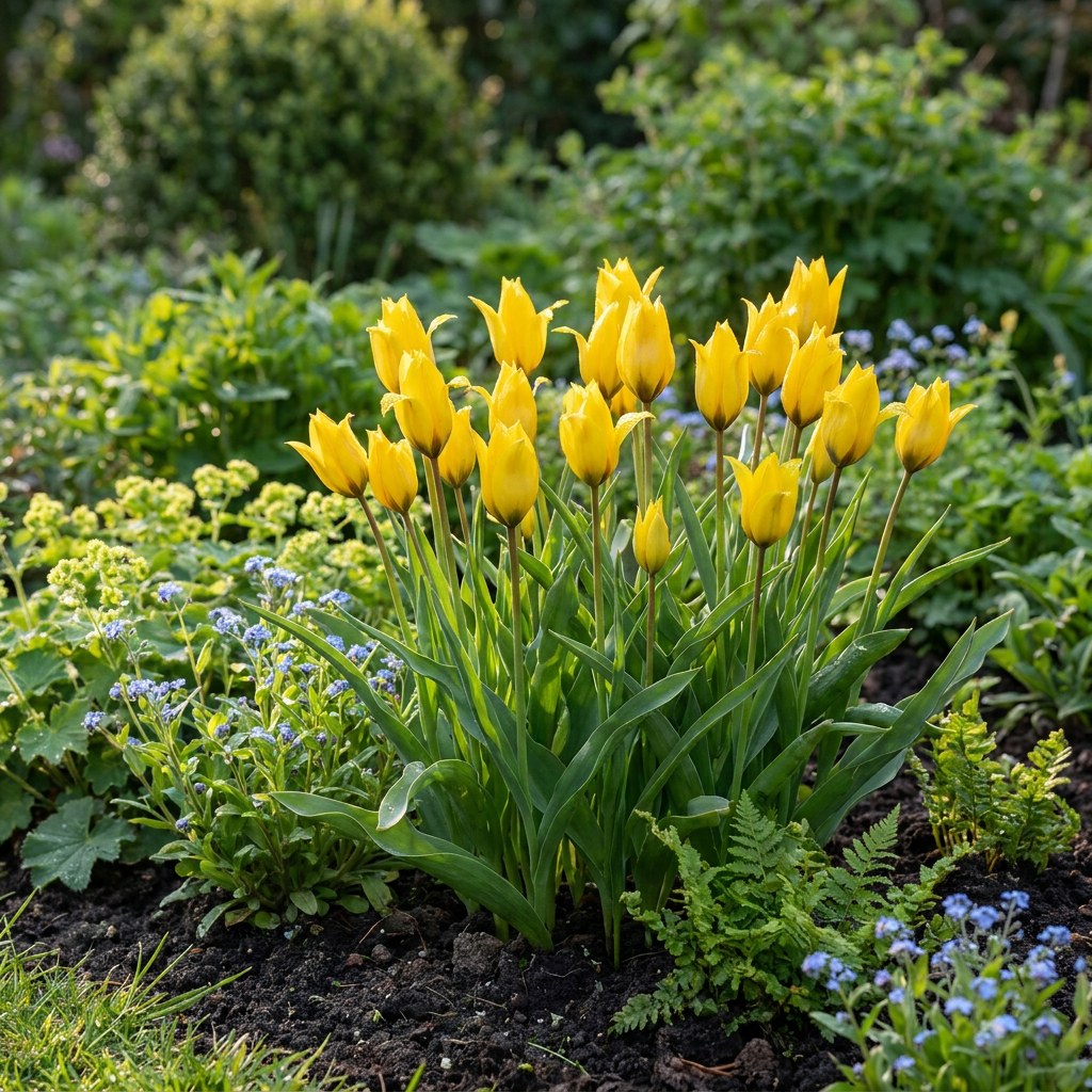 Bulbos de tulipán Sylvestris en flor en el jardín