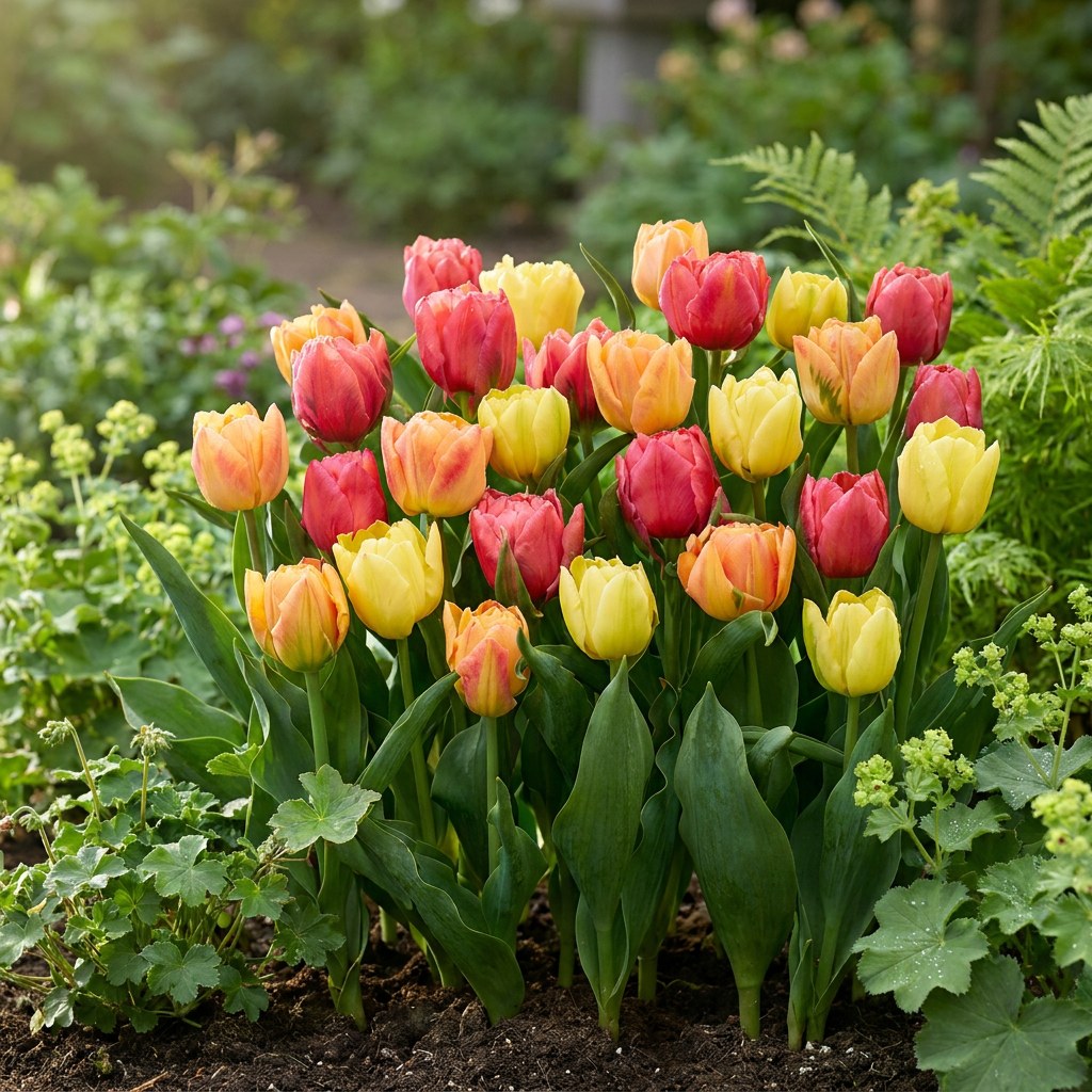 Tulpen Symbiosa mix in bloei in de tuin