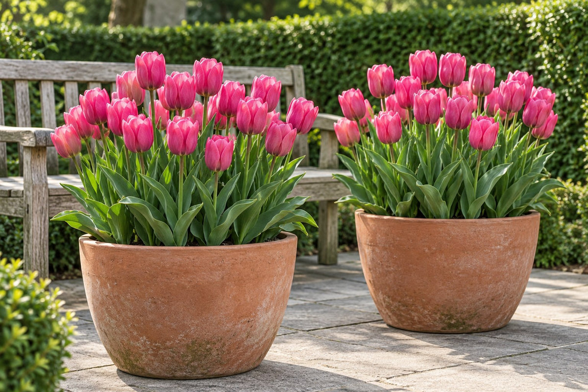 Tulipanløg Triumph Pink i blomst i potter på en terrasse