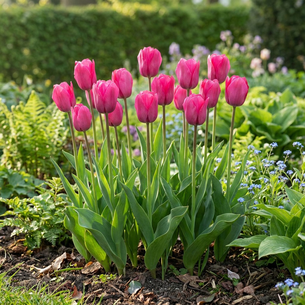 Tulipanløg Triumph Pink i blomst i haven
