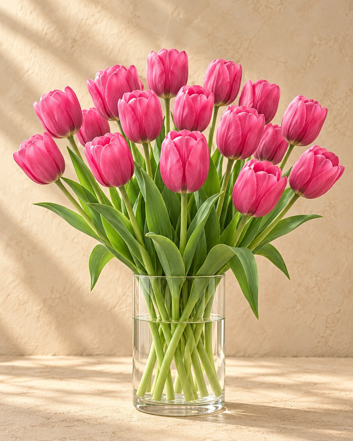 Tulipanløg Triumph Pink i blomst i en vase