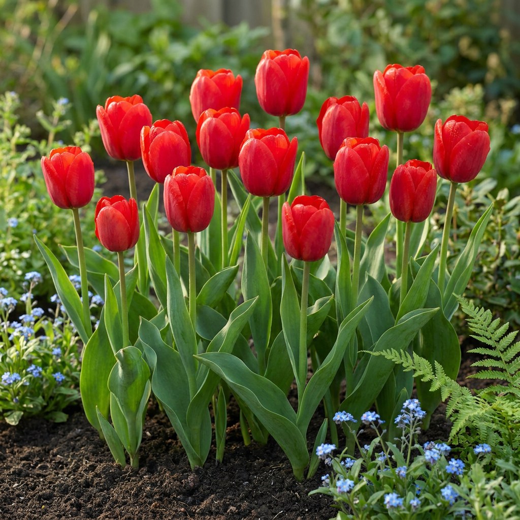 Tulpen Triumph Red in bloei in de tuin