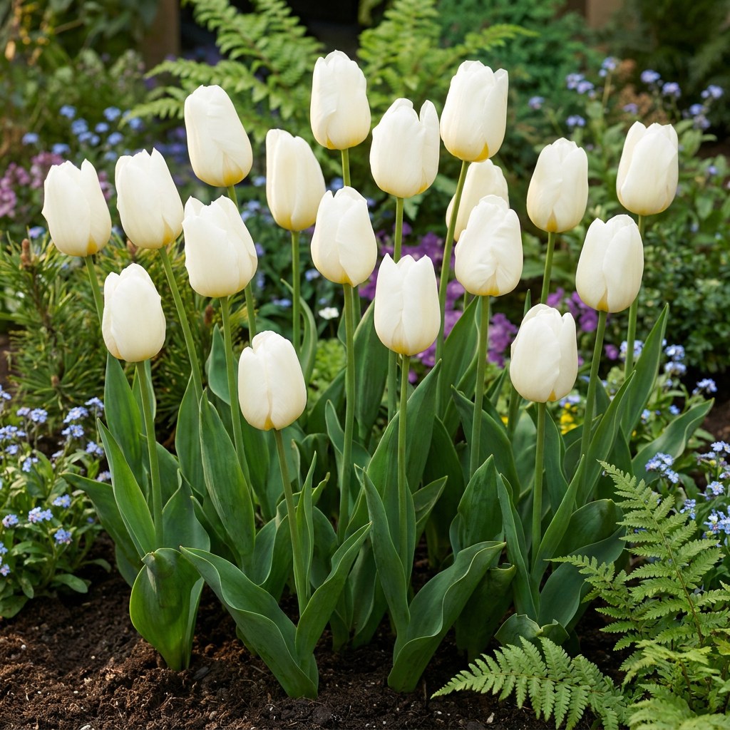 Tulpen Triumph White in bloei in de tuin