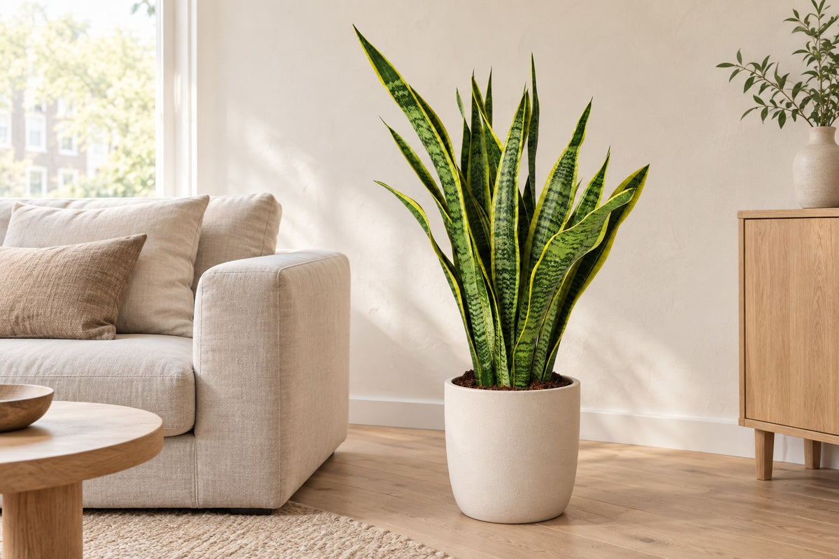 Bogenhanf, 90 cm, in a white ceramic planter in einem hellen Wohnzimmer