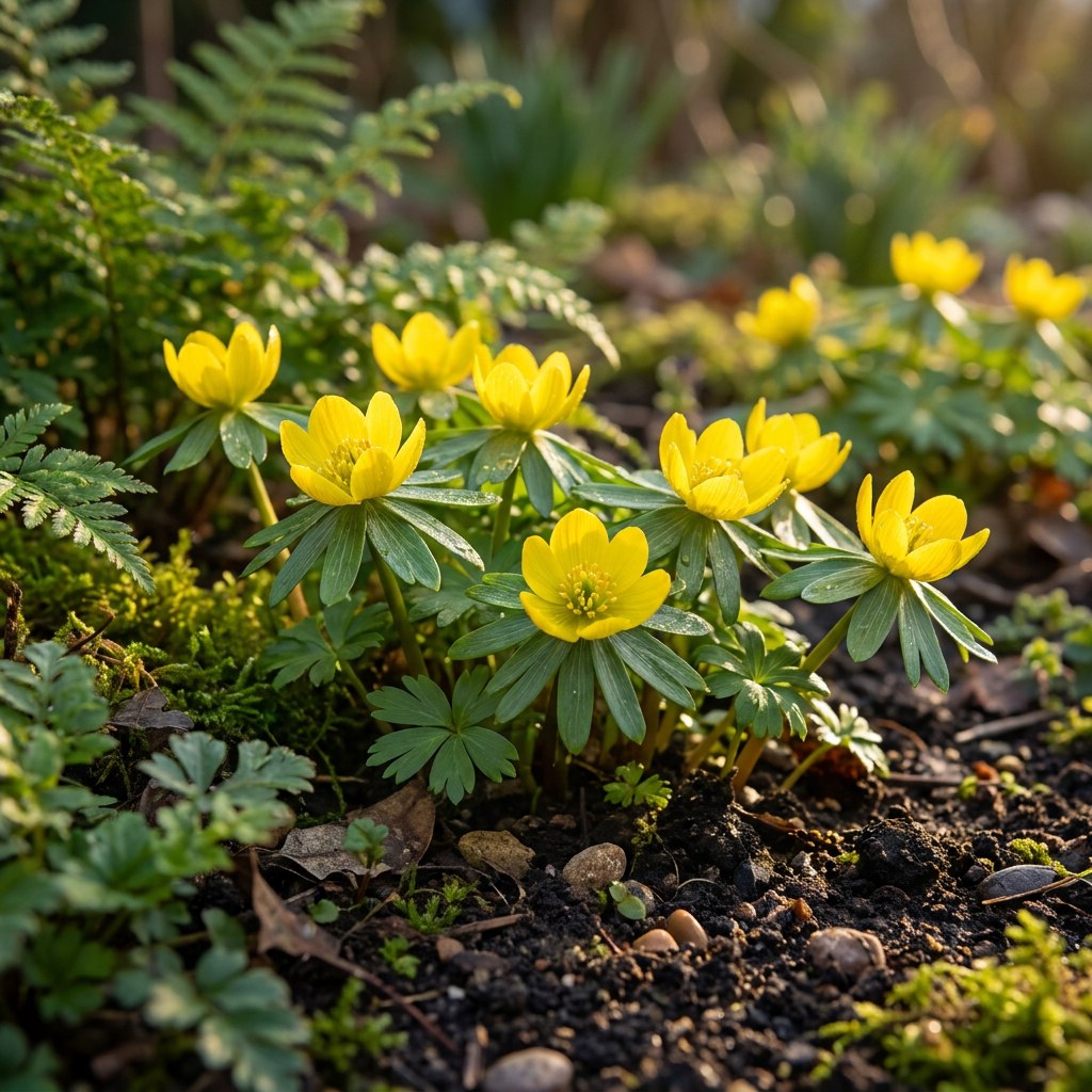 Erantisknolde Cilicica i blomst i haven