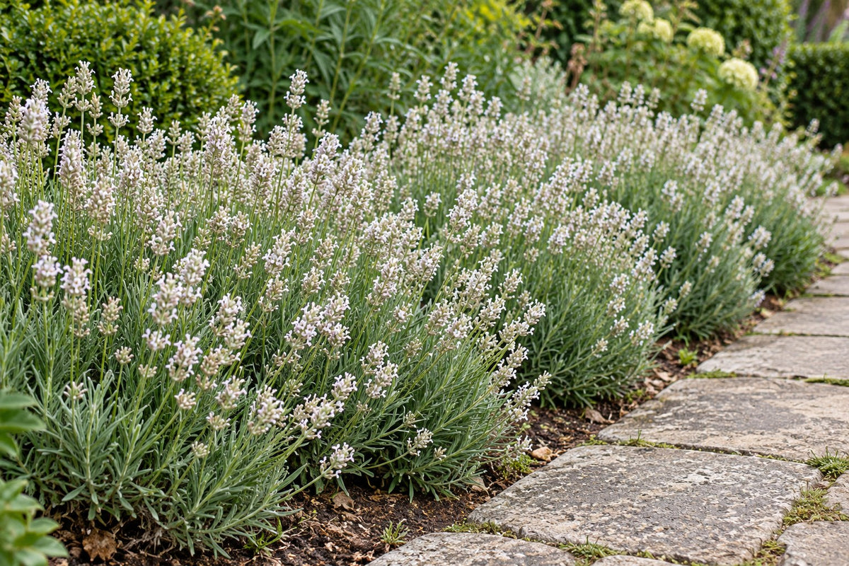 Witte lavendel 'Edelweiss' aangeplant in de tuin