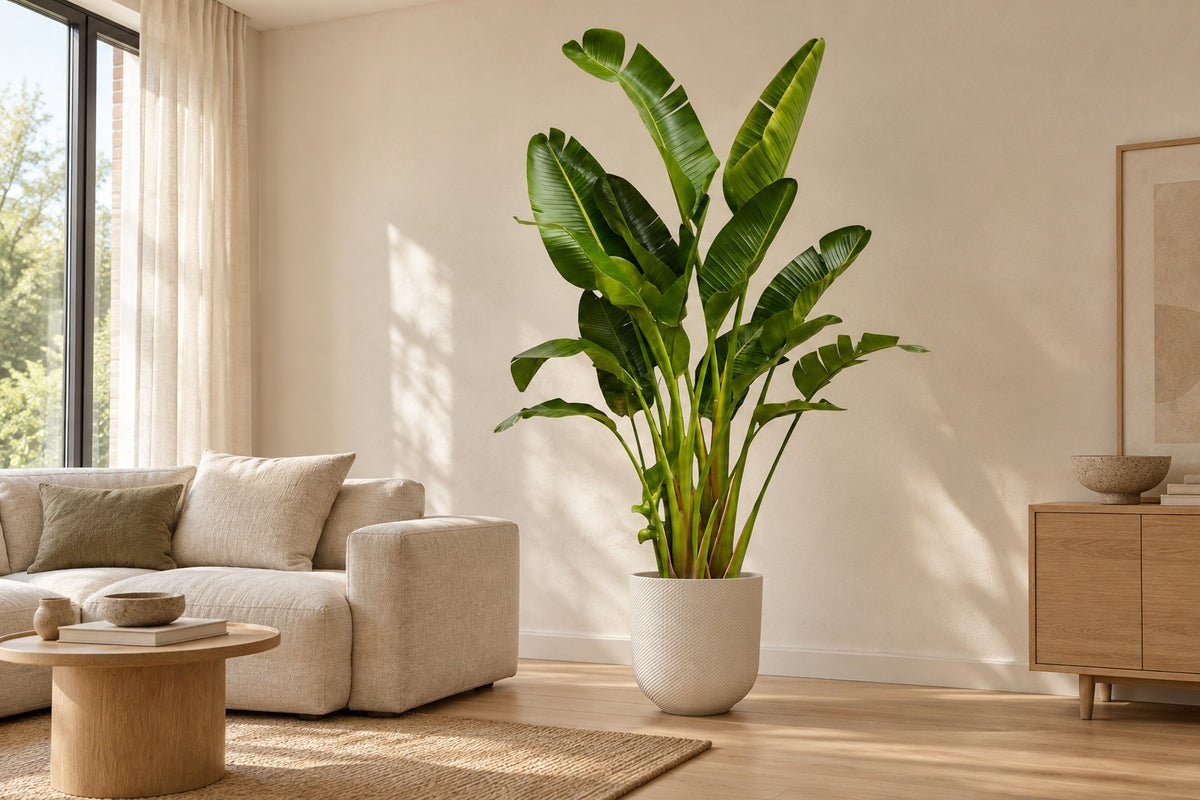 Witte paradijsvogel multi stam van 250 cm in sierpot Elho Jazz Round wit in een lichte woonkamer