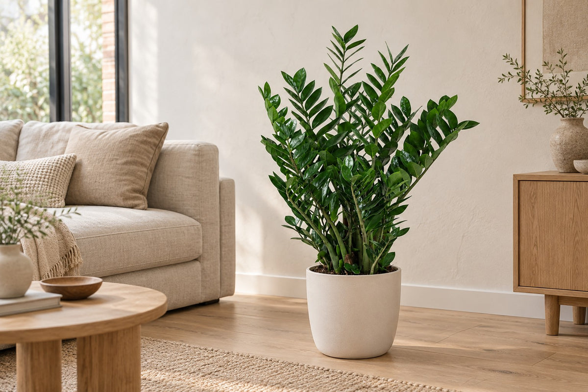 Zamioculcas ⌀21 van 90 cm in een witte keramische pot in een lichte woonkamer
